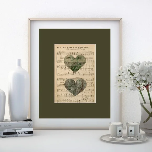 Original Heart collage on antique hymn book pages from the 1800's